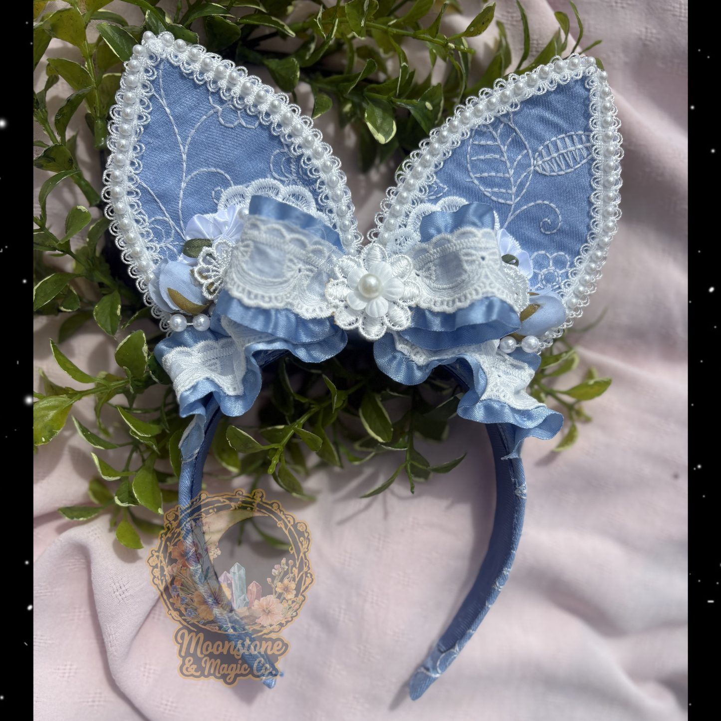 OOAK RTS Embroidered Denim 4” POSE-ABLE Bunny Ears