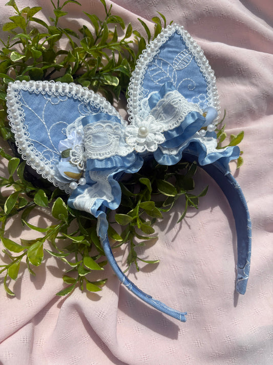 OOAK RTS Embroidered Denim 4” POSE-ABLE Bunny Ears